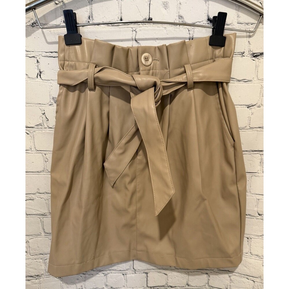 Kendall Kylie Mini Skirt Tan Faux Leather Paperbag Indie Luxury Size Small